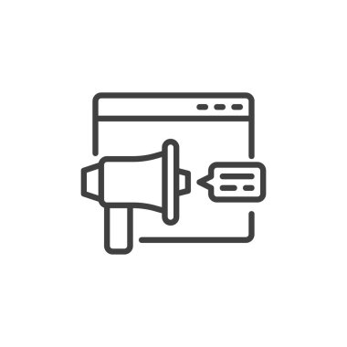 Dijital pazarlama çizgisi simgesi. Mobil konsept ve web tasarımı için web sitesi ve megafon tarzı işaret dili. Ticari reklam taslak vektör simgesi. Sembol, logo çizimi. Vektör grafikleri