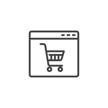 Çevrimiçi alışveriş hattı ikonu. Mobil konsept ve web tasarımı için alışveriş arabasının doğrusal tabelalı web sayfası. Ticaret ana hatları vektör simgesi. Sembol, logo çizimi. Vektör grafikleri