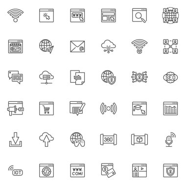 İnternet ve Web Tarayıcı satırı simgeleri ayarlandı. Doğrusal biçim sembolleri koleksiyonu, ana tabela işaretleri paketi. Çevrimiçi aktivite vektör grafikleri. Set simgeleri web sitesi, web sayfası, çevrimiçi alışveriş, sosyal medya olarak içerir