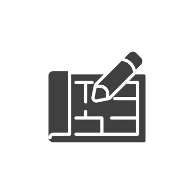 Ev planı vektör simgesi. Mobil konsept ve web tasarımı için düz tabela. Bina planı ve kalem sembolü. Sembol, logo çizimi. Vektör grafikleri