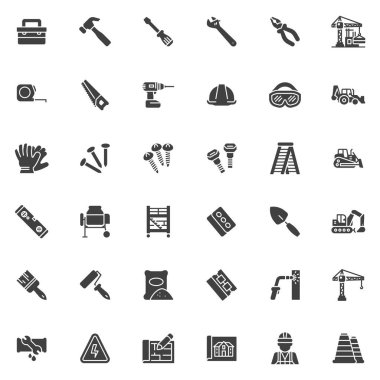 Araçlar ve inşaat vektör simgeleri seti, modern katı sembol koleksiyonu, doldurulmuş biçim piktogram paketi. İşaretler, logo illüstrasyonu. Set, inşaat işçisi, güvenlik iş giysisi, alet çantası olarak simgeleri içerir
