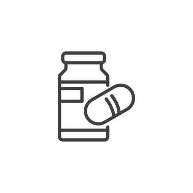İlaç şişesi çizgisi simgesi. Mobil konsept ve web tasarımı için doğrusal biçim işareti. İlaç şişesi ana hatlı vektör simgesi. Ek sembol, logo illüstrasyonu. Vektör grafikleri