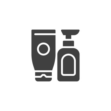 Cilt kozmetik vektör simgesi. Mobil konsept ve web tasarımı için krema ve şişe doldurulmuş düz tabela. Kişisel bakım ürünleri simgesi. Sembol, logo çizimi. Vektör grafikleri