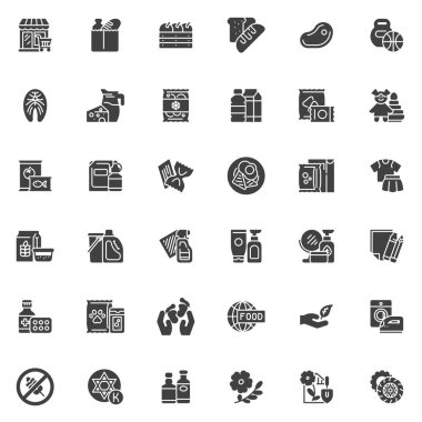 Süpermarket departmanları vektör simgeleri seti, modern katı sembol koleksiyonu, doldurulmuş biçim piktogram paketi. İşaretler, logo illüstrasyonu. Sette bakkal, fırın, süt ürünleri, içecekler olarak simgeler yer alıyor