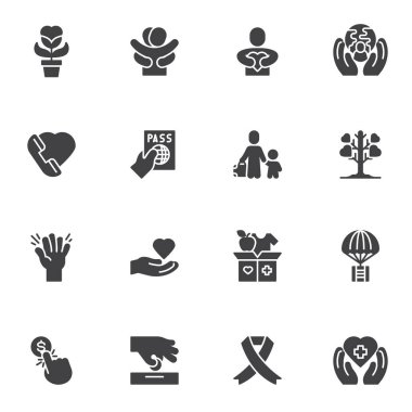 Charity organizasyon vektör simgeleri seti, modern katı sembol koleksiyonu, doldurulmuş biçim piktogram paketi. İşaretler, logo illüstrasyonu. Sette bağış, bağış, bağış, dostluk ve sevgi gibi simgeler yer alıyor