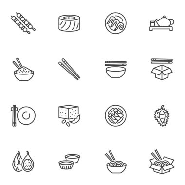 Asya yemek çizgisi simgeleri seti, ana hatlı vektör sembolü koleksiyonu, doğrusal resim paketi. İşaretler, logo illüstrasyonu. Set, Çin yemeği menüsü, pirinç kasesi, çubuklu erişte kutusu gibi ikonları içerir.