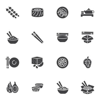 Asya gıda vektör simgeleri seti, modern katı sembol koleksiyonu, doldurulmuş resim paketi. İşaretler, logo illüstrasyonu. Set, Çin yemeği menüsü, pirinç kasesi, çubuklu erişte kutusu gibi ikonları içerir.