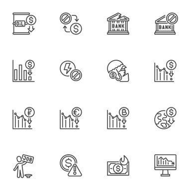 Finansal kriz çizgisi simgeleri seti, iflas ana hatları vektör sembolü koleksiyonu, doğrusal pictogram paketi. İşaretler, logo illüstrasyonu. Küme ekonomik durgunluk, mali kriz ve bankacılık olarak simgeleri içerir