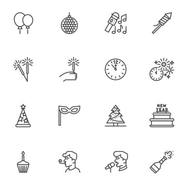 Mutlu yeni yıl çizgisi simgeleri seti, ana hatlı vektör sembolü koleksiyonu, doğrusal biçim piktogram paketi. İşaretler, logo illüstrasyonu. Parti dekorasyonu olarak simgeler, Noel ağacı, havai fişekler, şampanya