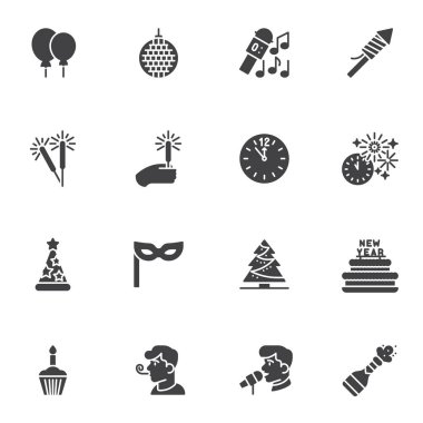 Mutlu yeni yıl vektör simgeleri seti, modern katı sembol koleksiyonu, doldurulmuş biçim piktogram paketi. İşaretler, logo illüstrasyonu. Parti dekorasyonu olarak simgeler, Noel ağacı, havai fişekler, şampanya