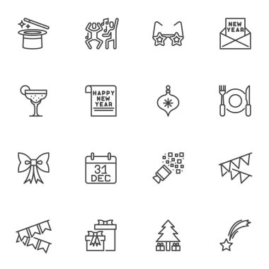 Mutlu yeni yıl çizgisi simgeleri seti, ana hatlı vektör sembolü koleksiyonu, doğrusal biçim piktogram paketi. İşaretler, logo illüstrasyonu. Takvim tarihi, parti dekorasyonu, sürpriz kutu, xmas ağacı olarak simgeleri küme
