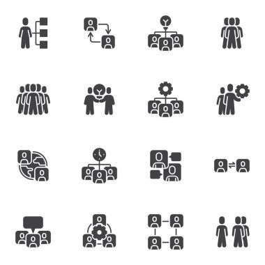 İnsanlar iletişim vektör simgeleri seti, modern katı sembol koleksiyonu, doldurulmuş biçim piktogram paketi. İşaretler, logo illüstrasyonu. Set, yönetim, takım çalışması organizasyonu ve takım toplantısı olarak simgeleri içerir