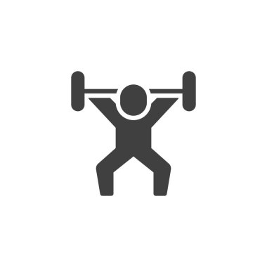 Halter vektör ikonu olan bir adam. Halterci mobil konsept ve web tasarımı için düz tabela doldurdu. Ağırlık kaldıran spor sembolü. Sembol, logo çizimi. Vektör grafikleri
