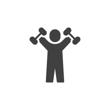 Dambıl vektör ikonu olan adam. Mobil konsept ve web tasarımı için düz tabela. Spor ve zindelik sembolü. CrossFit spor sembolü, logo illüstrasyonu. Vektör grafikleri