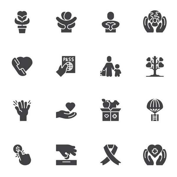 Charity organization vector icons set, modern solid symbol collection, filled style pictogram pack. Signs, logo illustration. Set includes icons as charity and donation, money donate, friendship, love