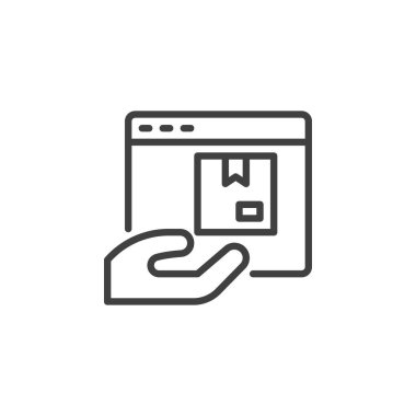 Ürün yerleştirme ikonu. Mobil konsept ve web tasarımı için doğrusal biçim işareti. Çevrimiçi alışveriş hizmeti ana hatları vektör simgesi. Sembol, logo çizimi. Vektör grafikleri