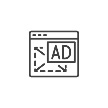 Web sitesi dijital içerik reklam hattı simgesi. Mobil konsept ve web tasarımı için çevrimiçi tanıtım tarzı işareti. Web sitesi AD uzay ana hatları vektör simgesi. Sembol, logo çizimi. Vektör grafikleri