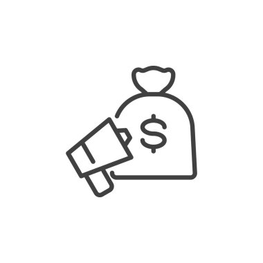 Reklam bütçesi çizgisi simgesi. Mobil konsept ve web tasarımı için para çantası ve megafon tarzı tabela. Reklam bütçesi ana hatları vektör simgesi. Sembol, logo çizimi. Vektör grafikleri