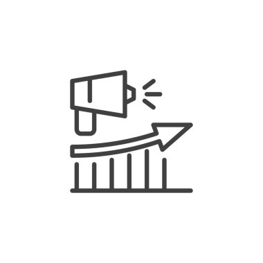 Reklam performans çizgisi simgesi. Mobil konsept ve web tasarımı için bar çizelgesi ve megafon tarzı tabela. Performans taslağı vektör simgesi tanıtılıyor. Sembol, logo çizimi. Vektör grafikleri