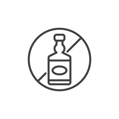 Alkol işareti simgesi yok. Mobil konsept ve web tasarımı için doğrusal biçim işareti. Alkol içmeyi bırak vektör ikonu. Sembol, logo çizimi. Vektör grafikleri