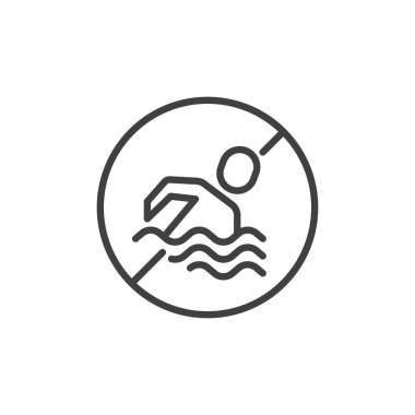 Yüzme çizgisi simgesi yok. Mobil konsept ve web tasarımı için doğrusal biçim işareti. Yüzme yasağı işareti vektör simgesi. Sembol, logo çizimi. Vektör grafikleri