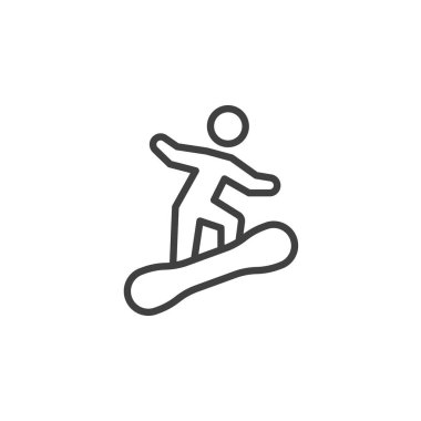 Snowboard sporunun simgesi. Mobil konsept ve web tasarımı için doğrusal biçim işareti. Snowboardcu ana hatlı vektör simgesine biniyor. Sembol, logo çizimi. Vektör grafikleri