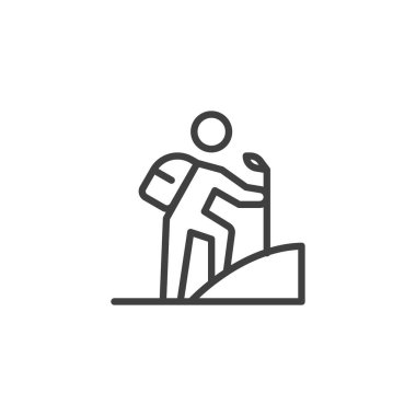 Kış yürüyüşü çizgisi simgesi. Mobil konsept ve web tasarımı için doğrusal biçim işareti. Tırmanış gezgini ana hat vektör simgesi. Sembol, logo çizimi. Vektör grafikleri