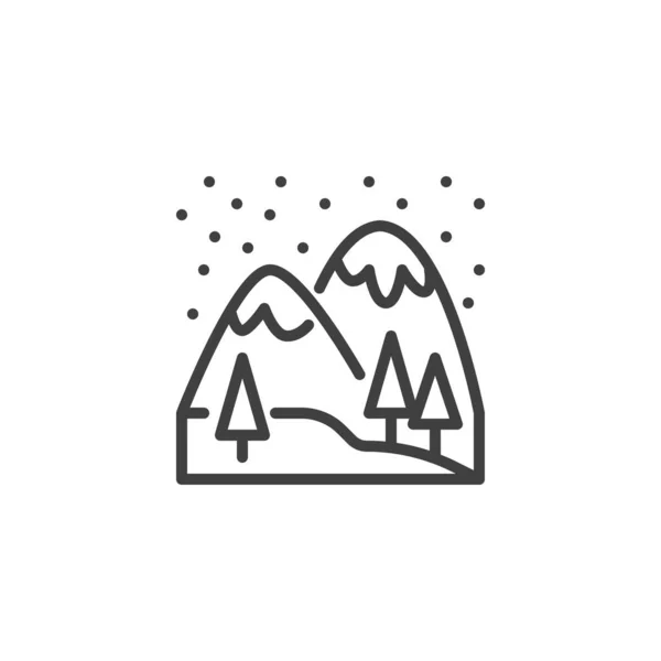 冬季风景线图标 移动概念和网页设计的线性风格标志 雪山和树木勾勒出病媒图标 标识插图 矢量图形 — 图库矢量图片