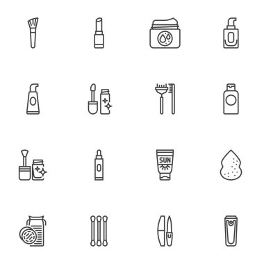Makyaj çizgisi simgeleri seti, ana hatlı vektör sembolü koleksiyonu, doğrusal stil piktogram paketi. Logo illüstrasyonu işaretleri. Set, tırnak temizliği ekipmanı, rimel, cilt kremi, ruj gibi simgeleri içerir.