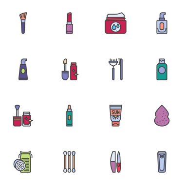 Makyaj malzemeleri ana hatları doldurulmuş ikonlar, çizgi vektör sembolü koleksiyonu, doğrusal renkli piktogram paketi. Logo çizimi, tırnak hijyen ekipmanı, rimel, cilt kremi gibi simgeler.