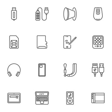 Akıllı telefon aksesuar çizgisi simgeleri seti, ana hatlı vektör sembolü koleksiyonu, doğrusal resim paketi. İşaretler, logo illüstrasyonu. Set simgeleri cep telefonu çantası, telefon sim kartı, dizüstü bilgisayar, usb olarak içerir