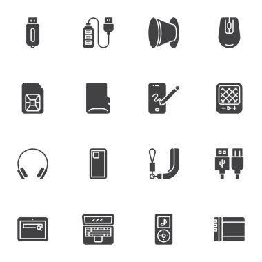 Akıllı telefon aksesuarları vektör simgeleri seti, modern katı sembol koleksiyonu, doldurulmuş resim paketi. İşaretler, logo illüstrasyonu. Set simgeleri cep telefonu çantası, telefon sim kartı, dizüstü bilgisayar, usb olarak içerir