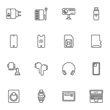 Telefon aksesuarları çizgisi simgeleri seti, ana hatlı vektör sembolü koleksiyonu, doğrusal resim paketi. İşaretler, logo illüstrasyonu. Akıllı telefon şarjı, silikon kutusu, ekran camı olarak simgeler