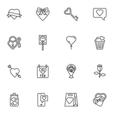 Sevgililer Günü çizgisi simgeleri seti, ana hatlı vektör sembolü koleksiyonu, doğrusal resim paketi. İşaretler, logo illüstrasyonu. Ok, çiçek buketi, kalp şeklinde lolipop içeren simgeler