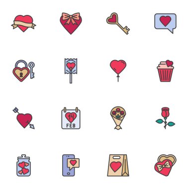 Sevgililer Günü taslak simgeler seti, çizgi vektör sembolü koleksiyonu, doğrusal renkli piktogram paketi. İşaretler, logo illüstrasyonu, Ok, çiçek buketi ve lolipop içeren simgeler kümesi