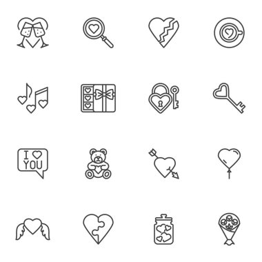 Sevgililer Günü çizgisi simgeleri seti, ana hatlı vektör sembolü koleksiyonu, doğrusal resim paketi. İşaretler, logo illüstrasyonu. Set, seni sevdiğim gibi ikonları içerir. Mesajlar, kalpler, oyuncak ayı, çiçek buketi.