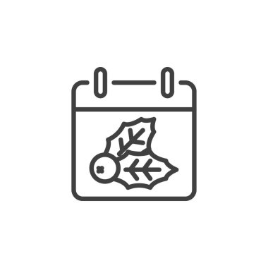 Noel takvim çizgisi simgesi. Mobil konsept ve web tasarımı için doğrusal biçim işareti. Yılbaşı çileği taslak vektör ikonu ile takvim. Sembol, logo çizimi. Vektör grafikleri