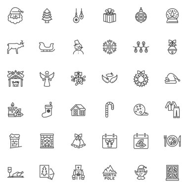 Mutlu noel çizgisi simgeleri hazır. Doğrusal biçim sembolleri koleksiyonu, ana tabela işaretleri paketi. Mutlu yeni yıl vektör grafikleri. Sette kar tanesi, Noel Baba, Noel ağacı, parti yemeği, dekorasyon gibi simgeler yer alıyor