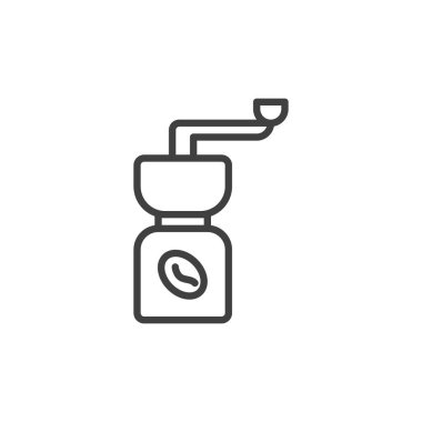 Kahve öğütücü çizgisi ikonu. Mobil konsept ve web tasarımı için doğrusal biçim işareti. Elle kahve öğütücü ana hatlı vektör ikonu. Sembol, logo çizimi. Vektör grafikleri