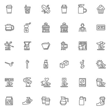 Kahve dükkanı simgeleri ayarlandı. Doğrusal biçim sembolleri koleksiyonu, ana tabela işaretleri paketi. Kahve zamanı vektör grafikleri. Set simgeleri kağıt bardak, hazır kahve, öğütücü, barista, tatlı, demleme