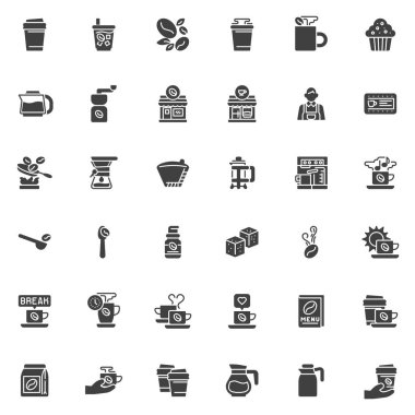Kahve dükkanı ikonları seti, modern katı sembol koleksiyonu, doldurulmuş piktogram paketi. Logo illüstrasyonu işaretleri. Set simgeleri kağıt bardak, hazır kahve, öğütücü, barista, tatlı, demleme