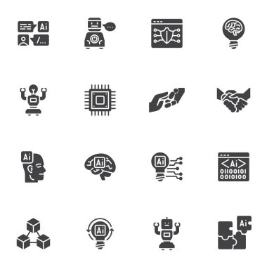 Yapay zeka teknolojisi vektör simgeleri seti, modern katı sembol koleksiyonu, doldurulmuş biçim piktogram paketi. İşaretler, logo illüstrasyonu. Set simgeleri yapay zeka, bilgisayar mikroçipi, sohbet robotu olarak içerir