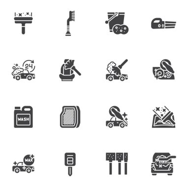 Araba yıkama servisi vektör simgeleri seti, modern katı sembol koleksiyonu, doldurulmuş resim paketi. İşaretler, logo illüstrasyonu. Dekor, motor yıkama, kuaför temizliği, cilalama ve cilalama olarak simgeleri içerir
