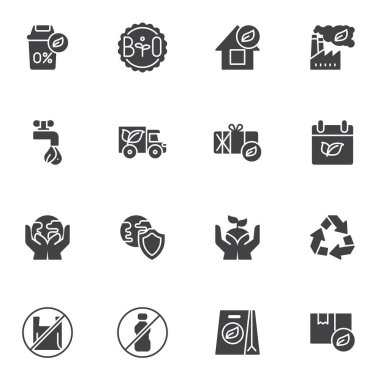Çevre dostu vektör simgeleri seti, modern katı sembol koleksiyonu, doldurulmuş biçim piktogram paketi. İşaretler, logo illüstrasyonu. Küme ekoloji, çevre, tasarruf gezegeni, yenilenebilir enerji, geri dönüşüm olarak simgeleri içerir