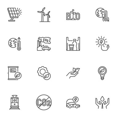 Ekoloji ve Çevre çizgisi simgeleri seti, ana hatlı vektör sembolü koleksiyonu, doğrusal biçim piktogram paketi. Logo illüstrasyonu işaretleri. Kümeler arasında çevre dostu ikonlar, küresel ısınma, güneş enerjisi, gezegen