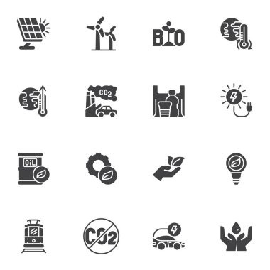 Ekoloji ve Çevre vektör simgeleri seti, modern katı sembol koleksiyonu, doldurulmuş biçim piktogram paketi. Logo illüstrasyonu işaretleri. Kümeler arasında çevre dostu ikonlar, küresel ısınma, güneş enerjisi, gezegen