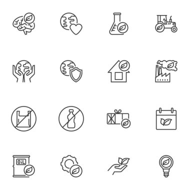 Ekoloji çizgi simgeleri seti, ana hat vektör sembolü koleksiyonu, doğrusal biçim piktogram paketi. İşaretler, logo illüstrasyonu. Dünya çevre günü olarak simgeleri içerir, gezegeni kurtarır, çevre dostu, plastiksiz