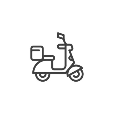 Teslimat mobilet hattı ikonu. Mobil konsept ve web tasarımı için doğrusal biçim işareti. Teslimat kutusu ana hatları vektör simgesi olan scooter. Sembol, logo çizimi. Vektör grafikleri