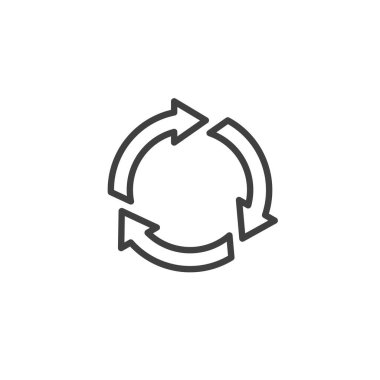 Geri dönüşümlü işaret çizgisi simgesi. Mobil konsept ve web tasarımı için doğrusal biçim işareti. Üç dairesel ok vektör ikonunu çiziyor. Sembol, logo çizimi. Vektör grafikleri