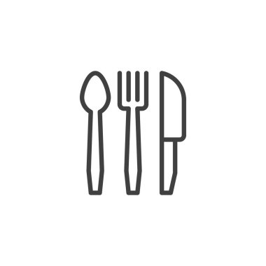 Çatal kaşık bıçak hattı ikonu. Mobil konsept ve web tasarımı için doğrusal biçim işareti. Mutfak çatalı ana hatları vektör simgesi. Yemekhane sembolü, logo illüstrasyonu. Vektör grafikleri